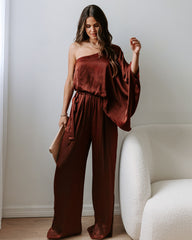 Yolanda Satin Pocketed One Shoulder Jumpsuit - Brown