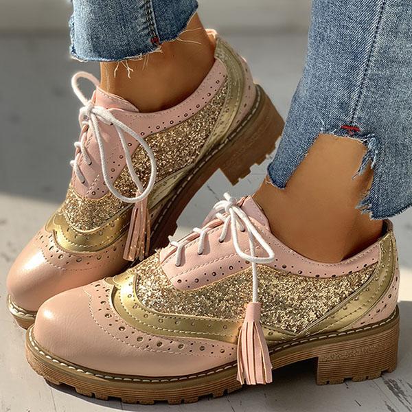 Lace-Up Sequins Insert Chunky Heeled Boots