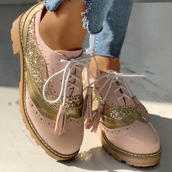 Lace-Up Sequins Insert Chunky Heeled Boots