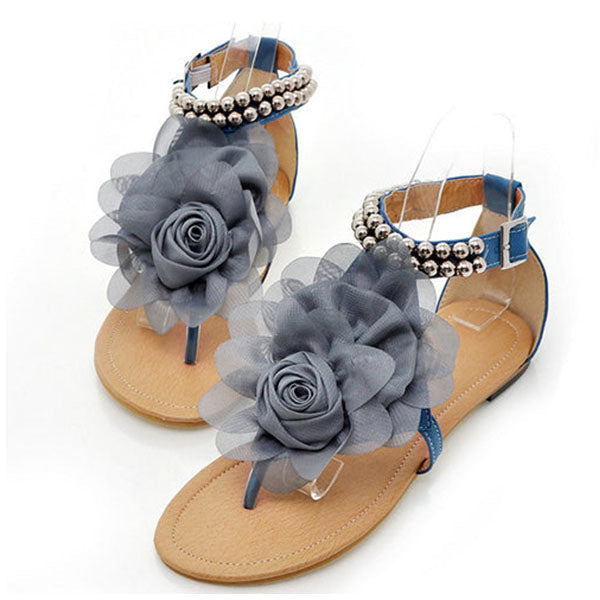 3D Flower String Beads Ankle Straps Flat Sandals