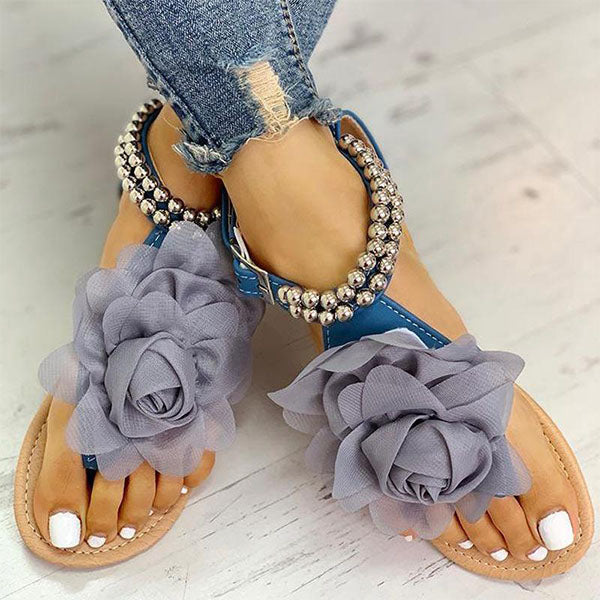 3D Flower String Beads Ankle Straps Flat Sandals