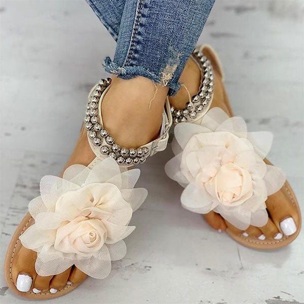 3D Flower String Beads Ankle Straps Flat Sandals