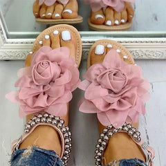 3D Flower String Beads Ankle Straps Flat Sandals