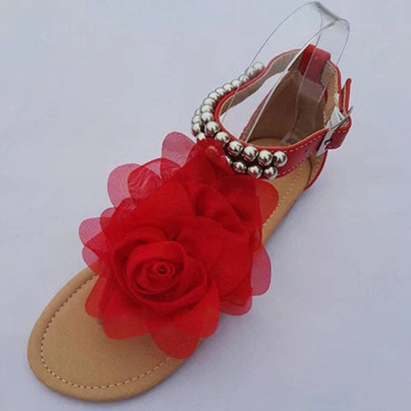 3D Flower String Beads Ankle Straps Flat Sandals