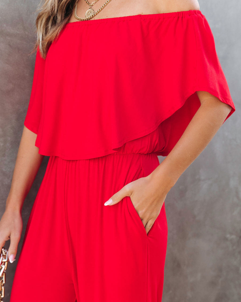 Antonella Off The Shoulder Pocketed Jumpsuit - Red