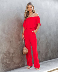 Antonella Off The Shoulder Pocketed Jumpsuit - Red