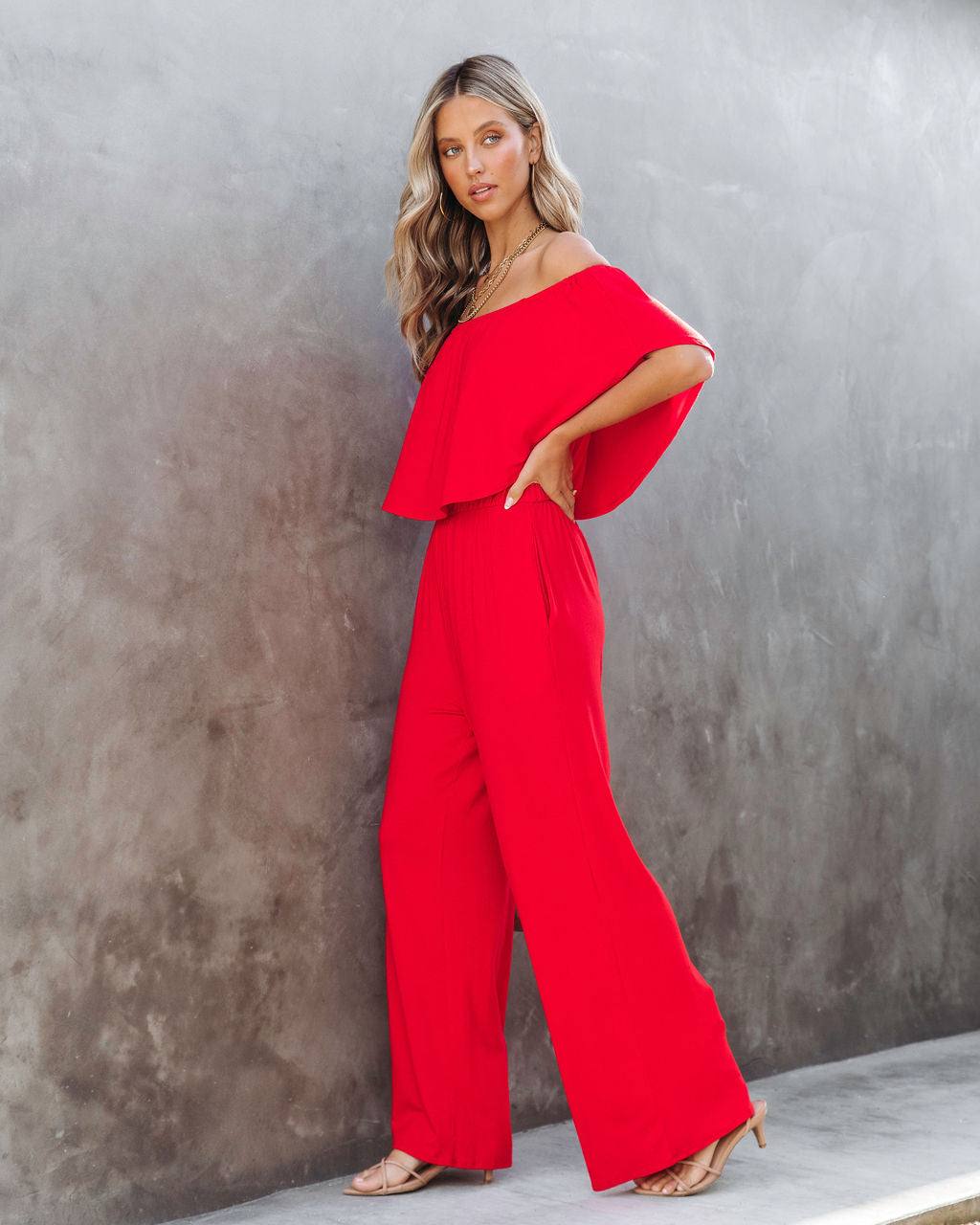 Antonella Off The Shoulder Pocketed Jumpsuit - Red