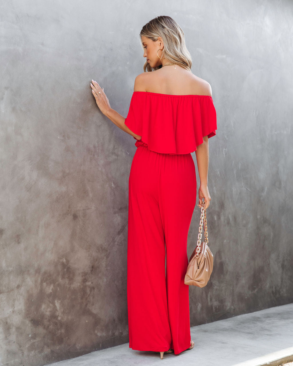 Antonella Off The Shoulder Pocketed Jumpsuit - Red