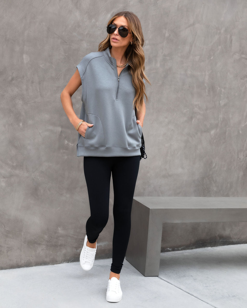 Athena Pocketed Half Zip Short Sleeve Sweatshirt - Grey