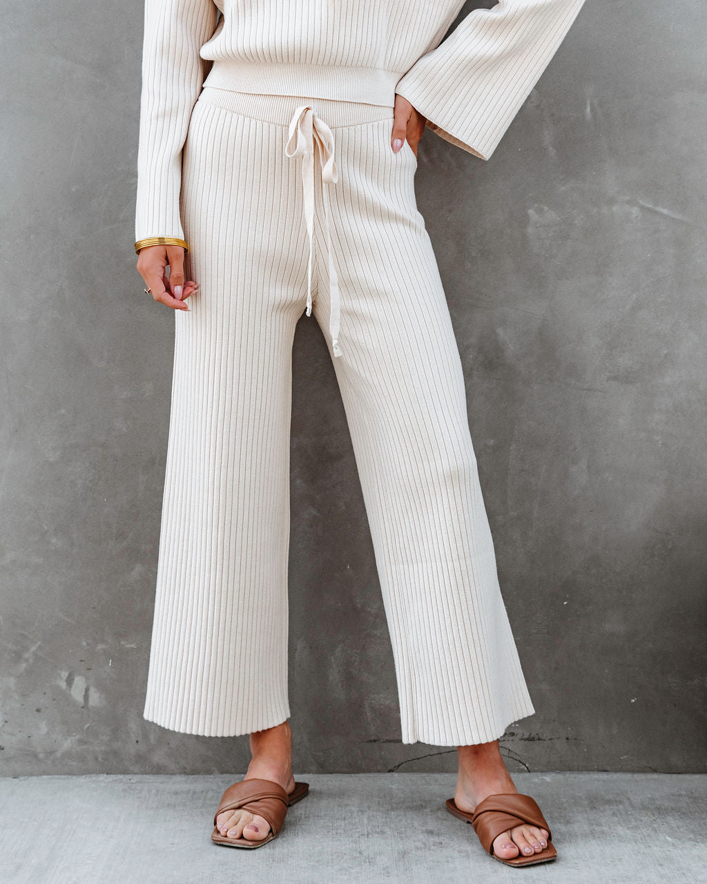 Autumn Splendor Ribbed Knit Pants - Beige