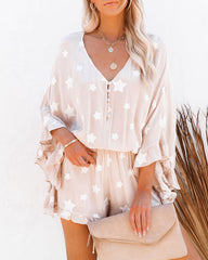 Beyond The Sea Embroidered Star Kimono Romper - Sand