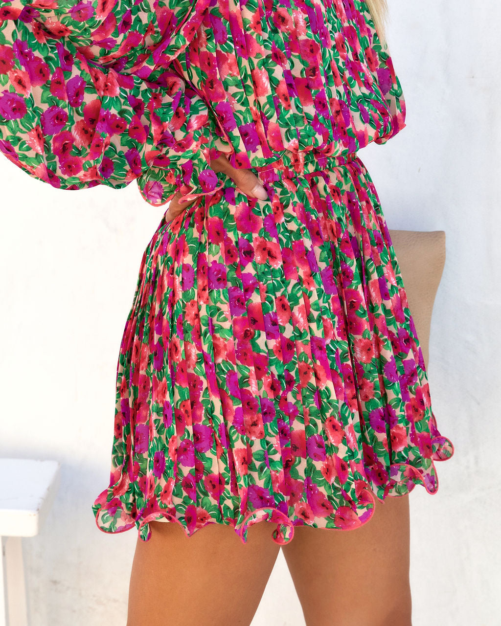 Bougainvillea Floral Pleated Mini Skirt