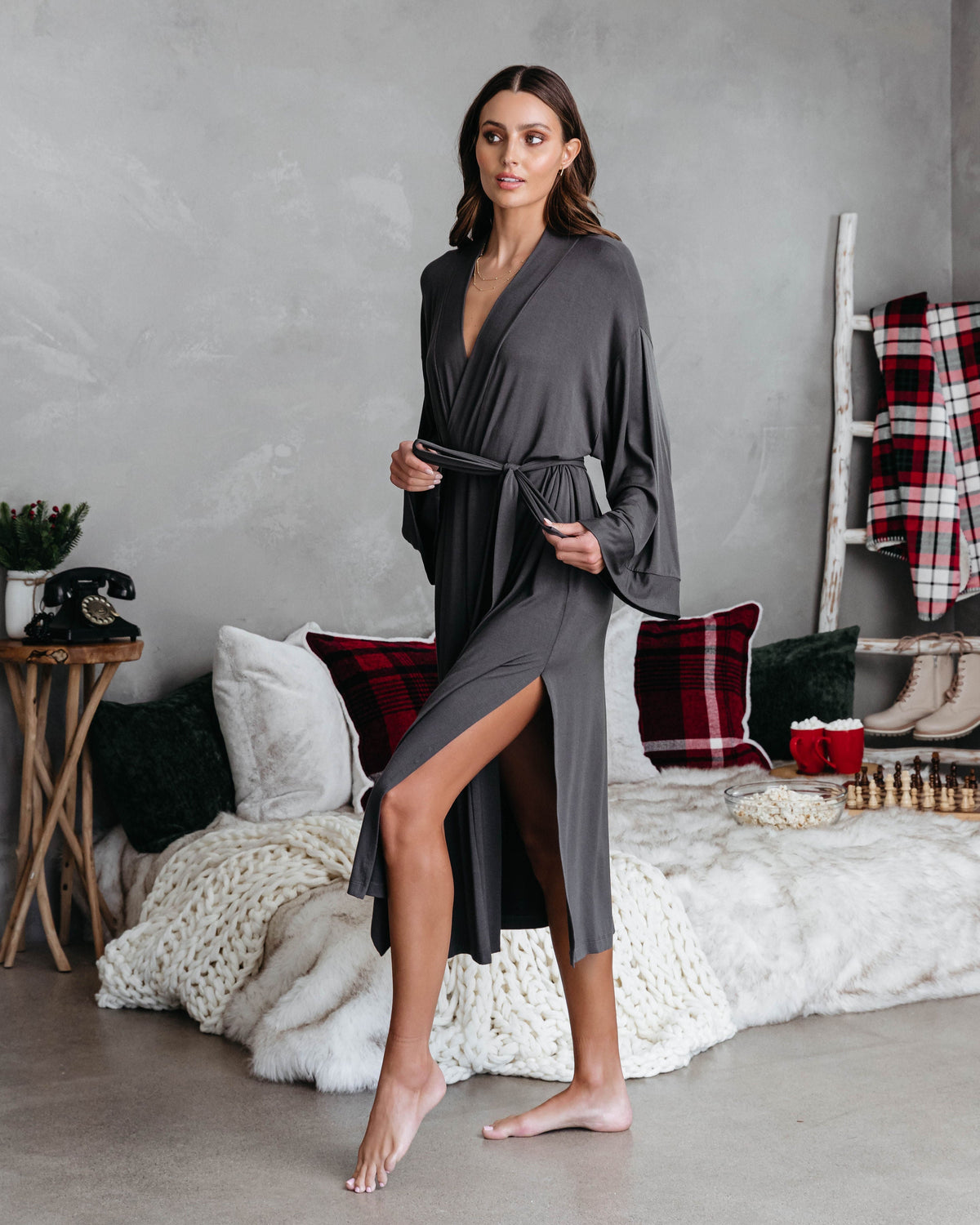 Festive Chill Kimono Robe - Charcoal