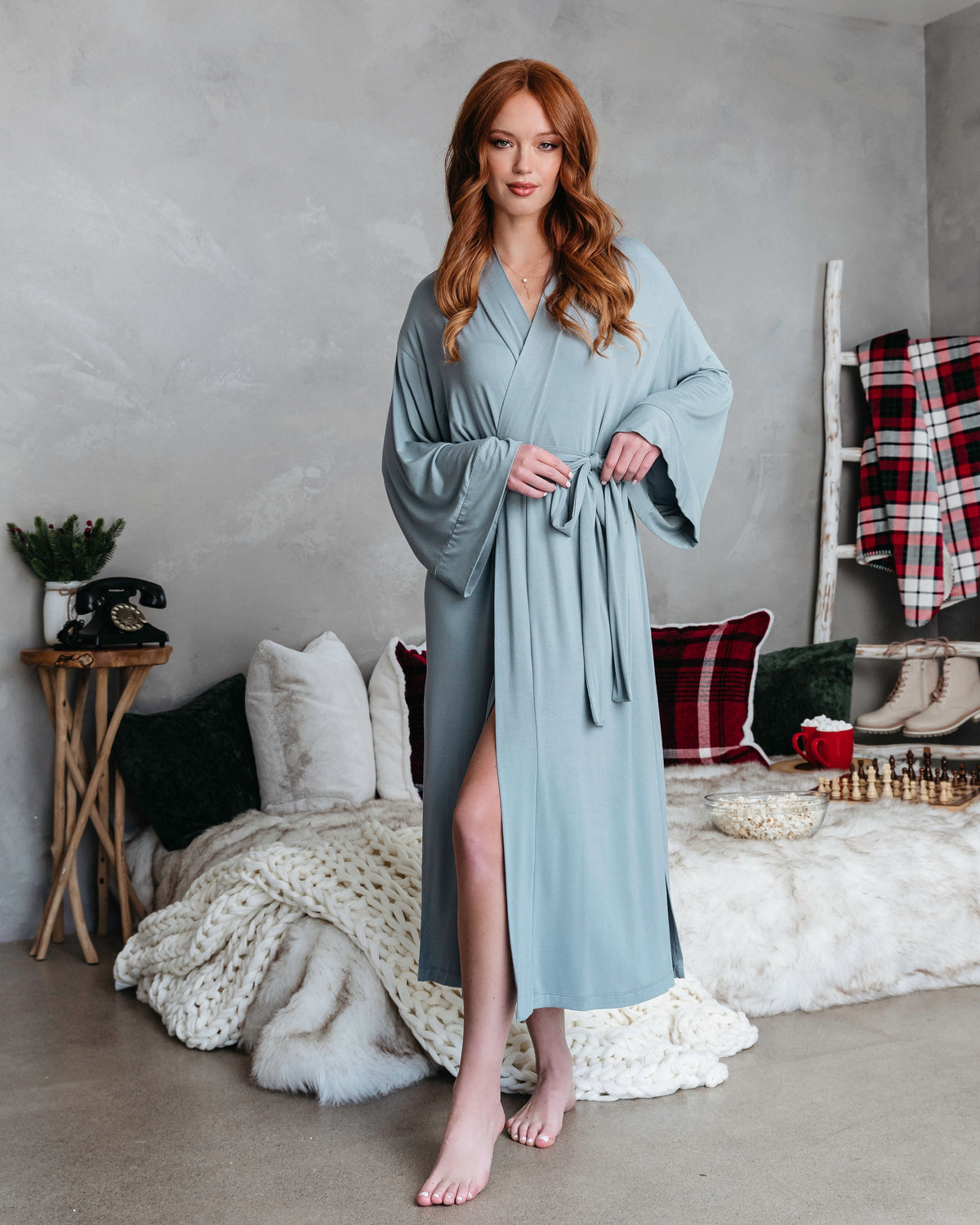 Festive Chill Kimono Robe - Grey Blue