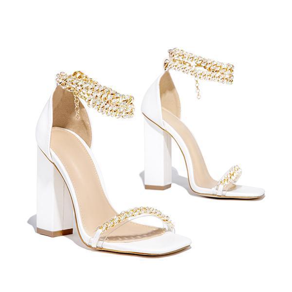 Gold-Tone Chain Embellished Ankle Strap Chunky Heels