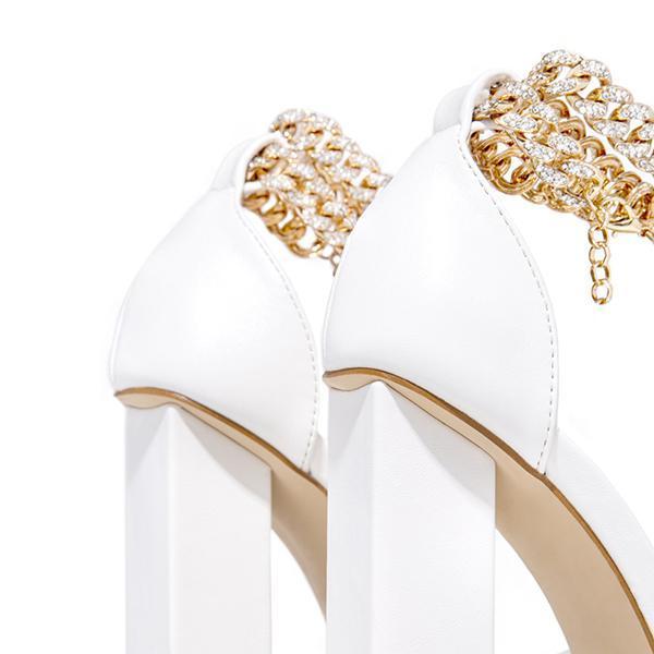 Gold-Tone Chain Embellished Ankle Strap Chunky Heels