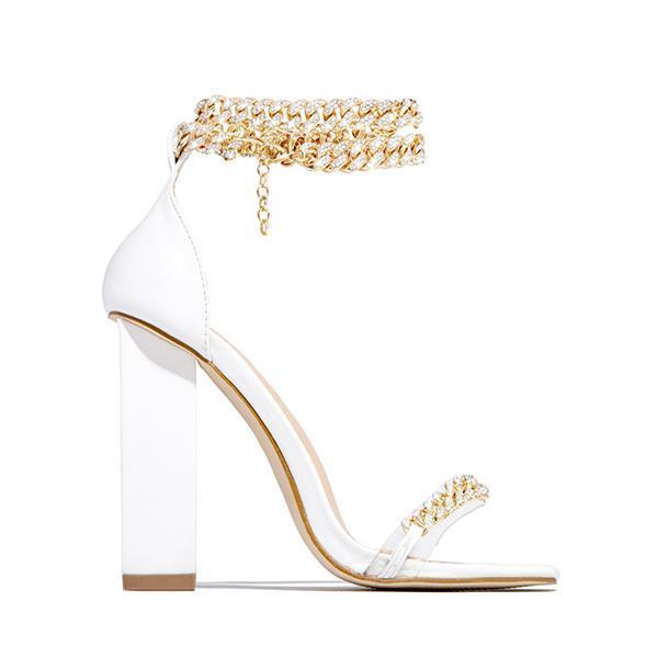 Gold-Tone Chain Embellished Ankle Strap Chunky Heels