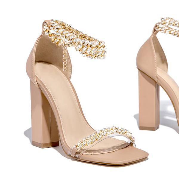 Gold-Tone Chain Embellished Ankle Strap Chunky Heels