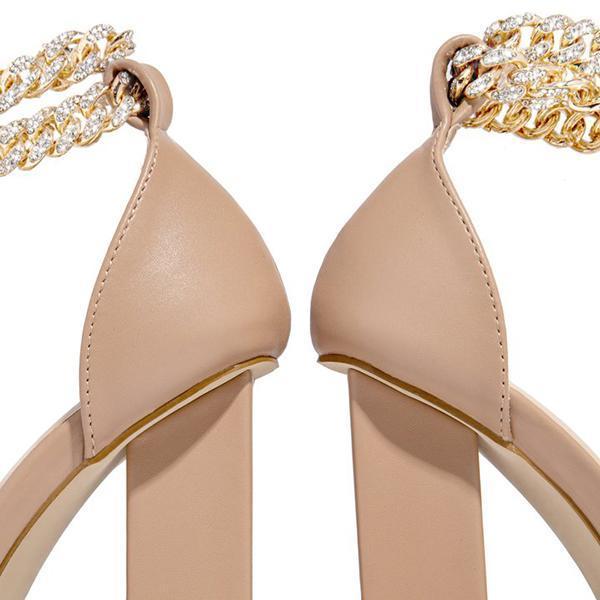 Gold-Tone Chain Embellished Ankle Strap Chunky Heels