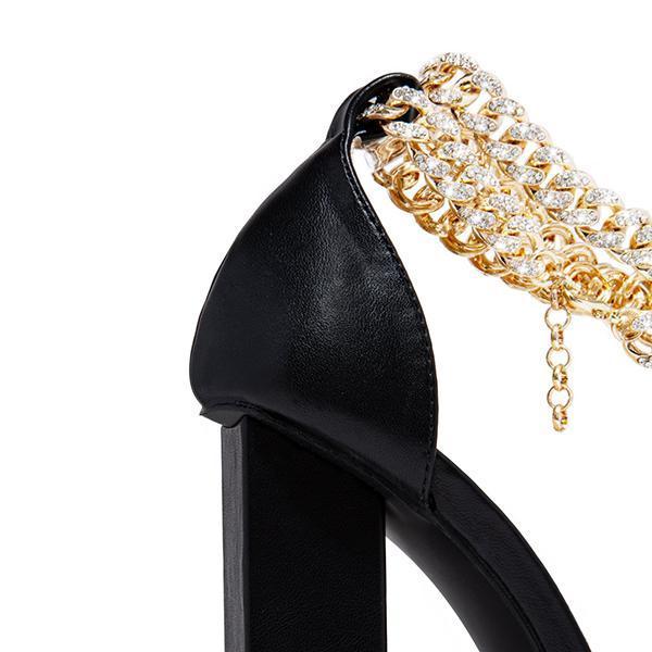 Gold-Tone Chain Embellished Ankle Strap Chunky Heels