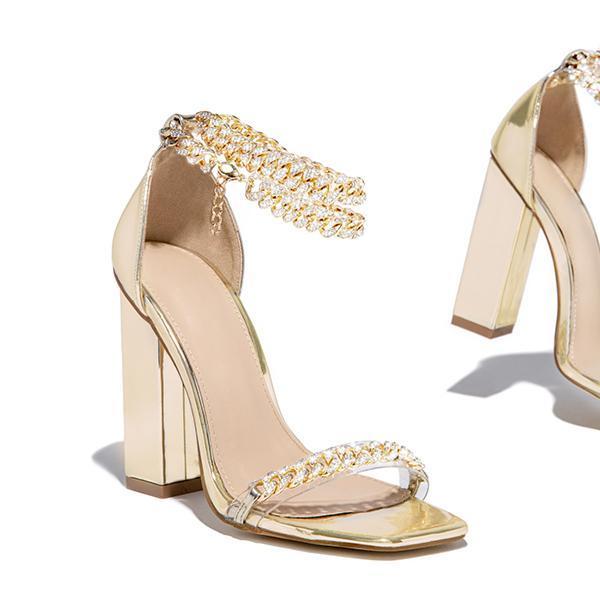 Gold-Tone Chain Embellished Ankle Strap Chunky Heels