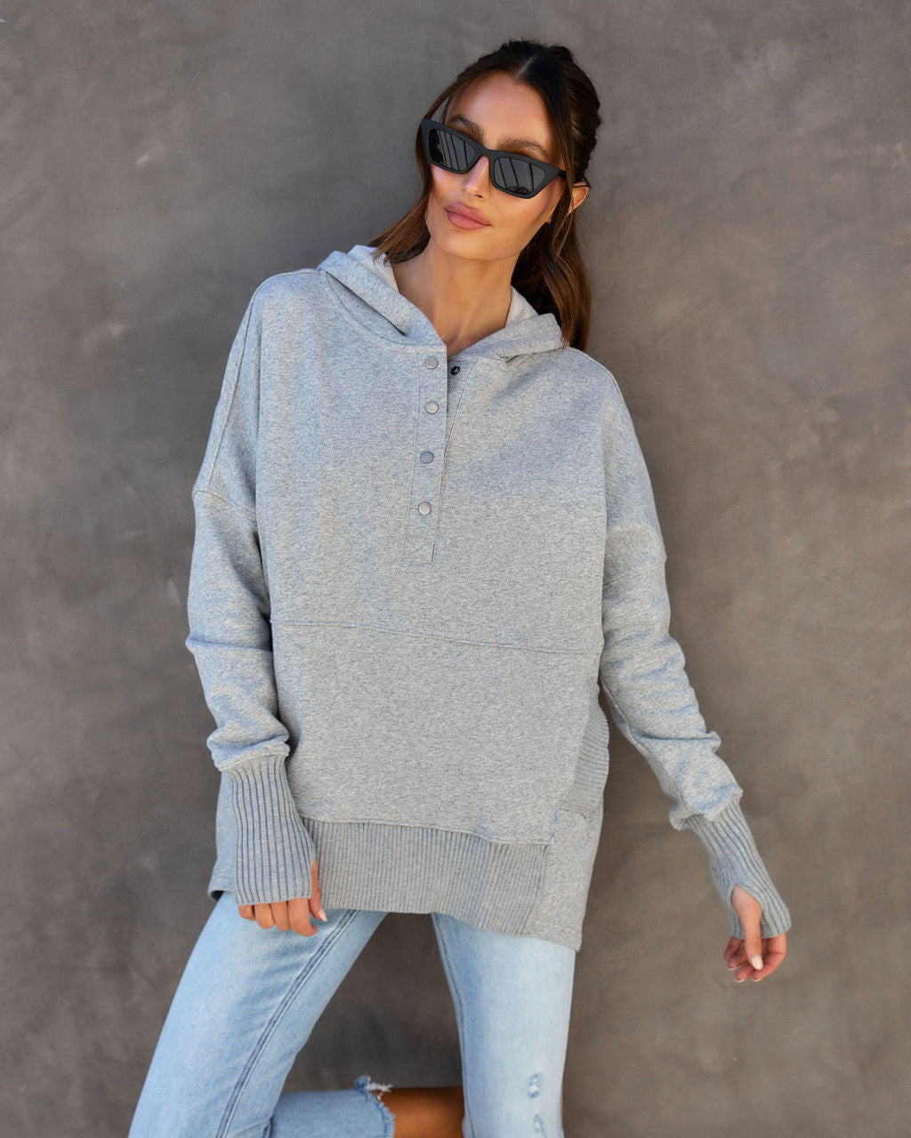 Mindful Cotton Pocketed Henley Hoodie - Heather Grey