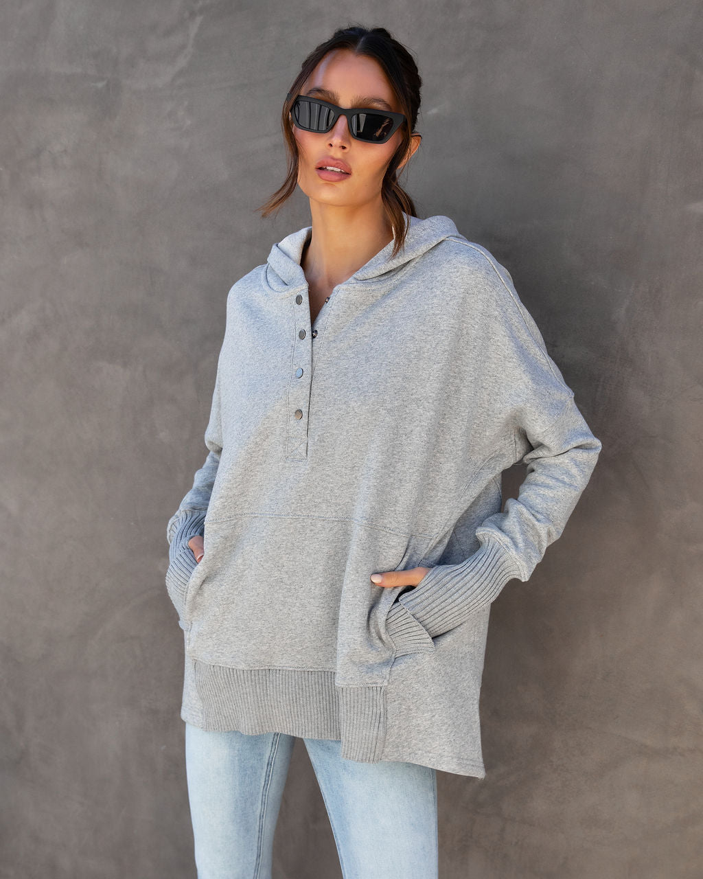 Mindful Cotton Pocketed Henley Hoodie - Heather Grey