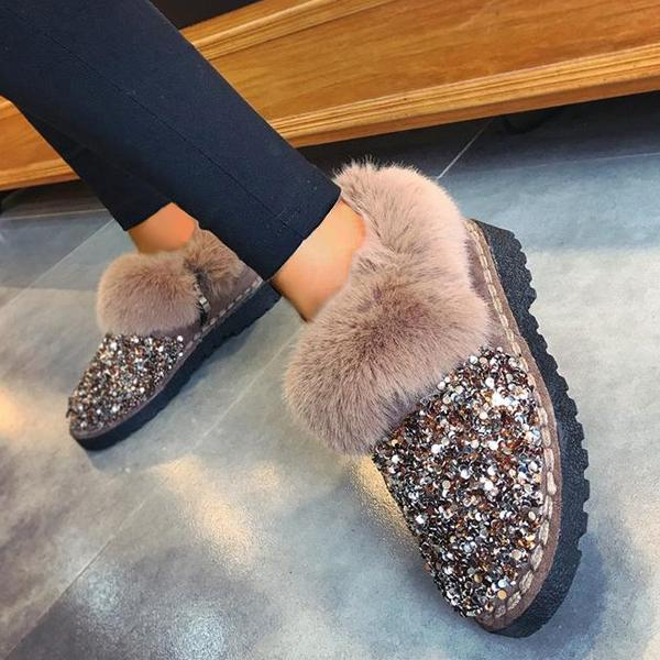 Faux Fur Sequin Flat Ankle Boots Side Zipper Short Booties