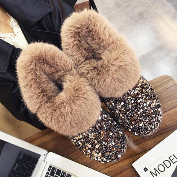 Faux Fur Sequin Flat Ankle Boots Side Zipper Short Booties