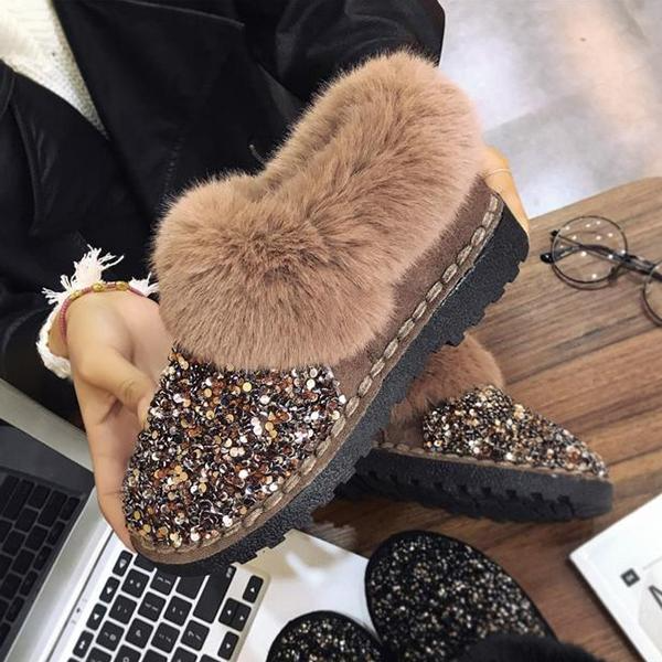 Faux Fur Sequin Flat Ankle Boots Side Zipper Short Booties