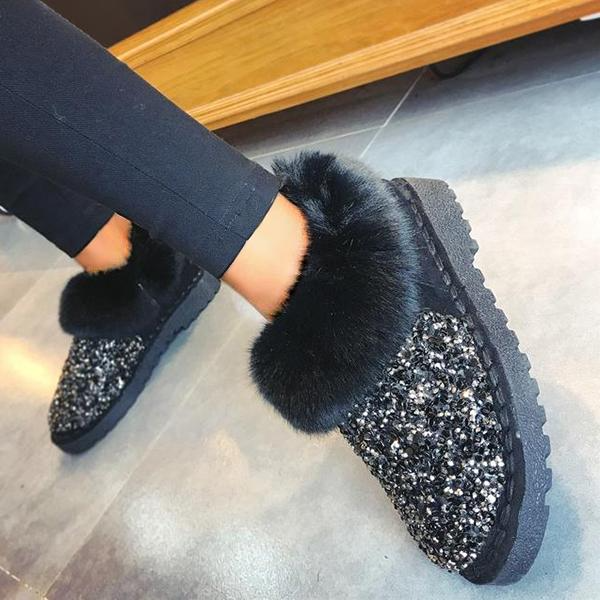 Faux Fur Sequin Flat Ankle Boots Side Zipper Short Booties