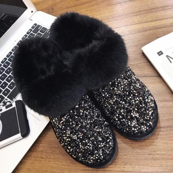 Faux Fur Sequin Flat Ankle Boots Side Zipper Short Booties